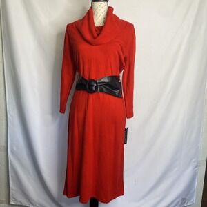 Red Cowl Neck‎ Sweater Dress with Black Belt NWT Sz M